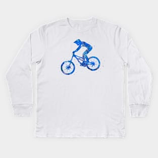 Downhill mountain bike jump blue watercolor Kids Long Sleeve T-Shirt